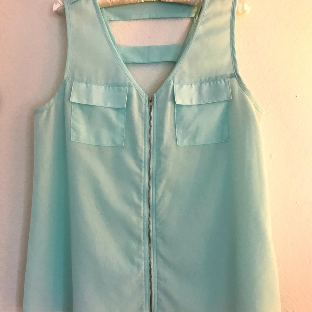 Robins Egg Blue V-Neck, Low Back, Semi-Sheer Blouse
